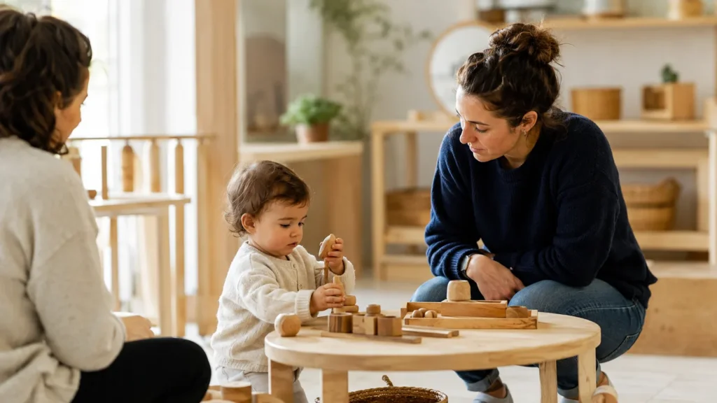 Professionnelle de la petite enfance auprès d'un tout-petit en crèche